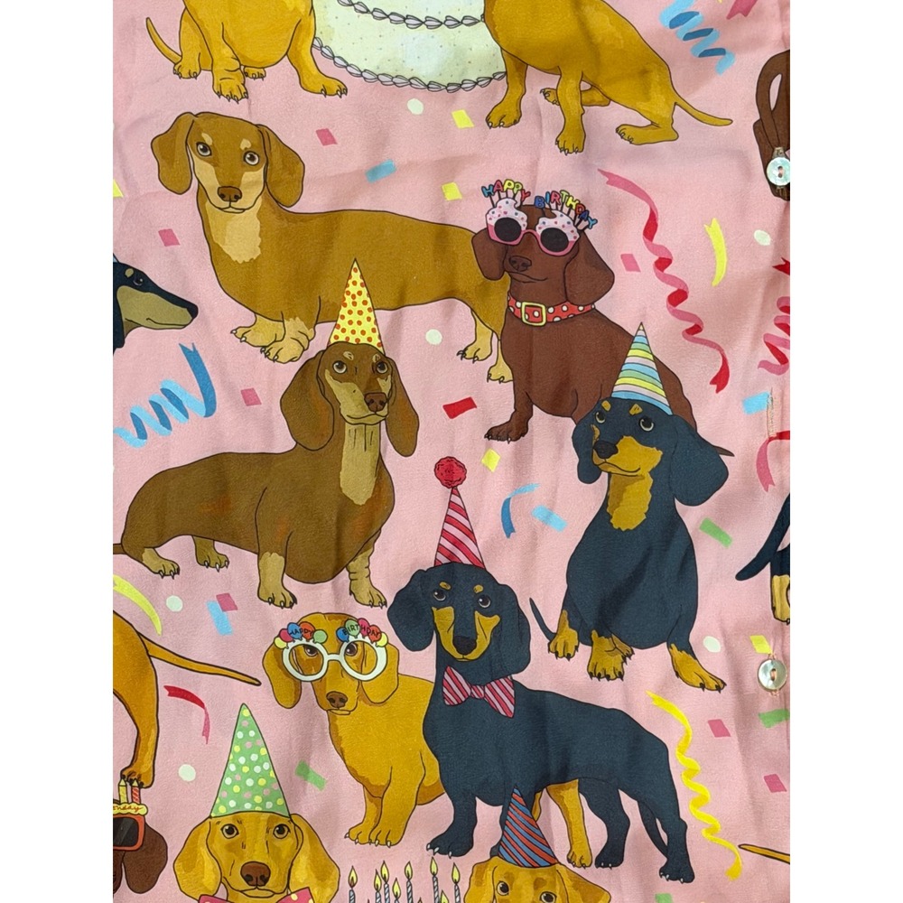 $135 Karen Mabon Hot Dog Birthday Satin Pajama Set Pink Dachshund Dog Print XL - Picture 8 of 12